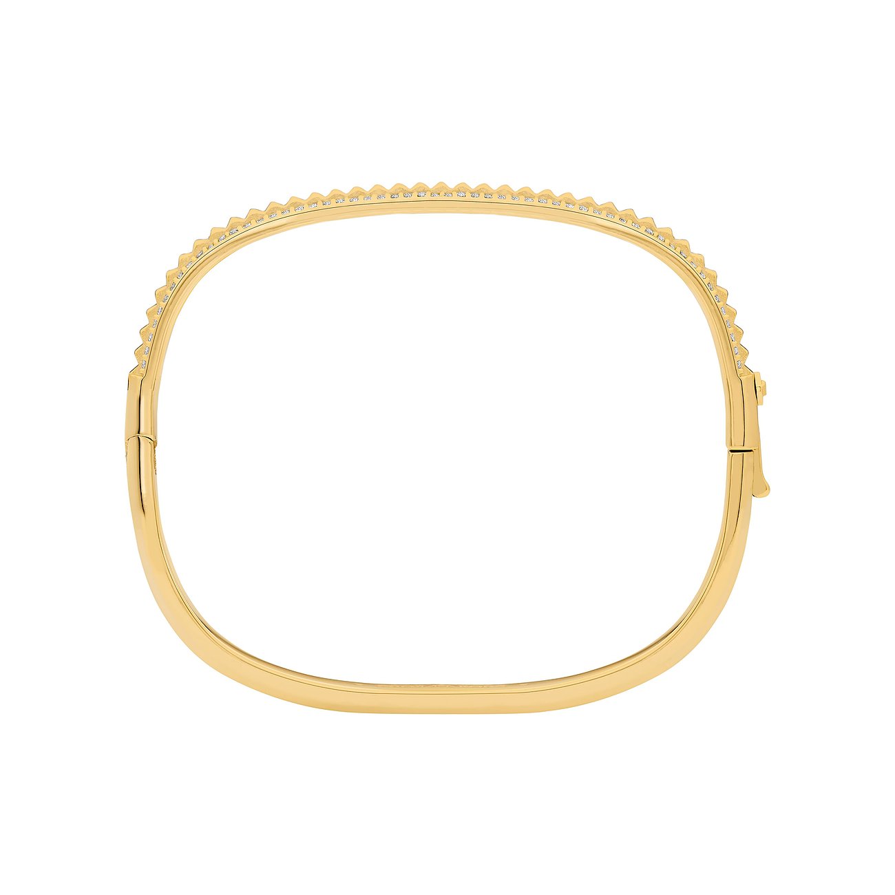 Un bracelet Michael Kors en métal doré jaune. Les bords supérieurs sont ornés de nombreuses pierres de zircone colorées.