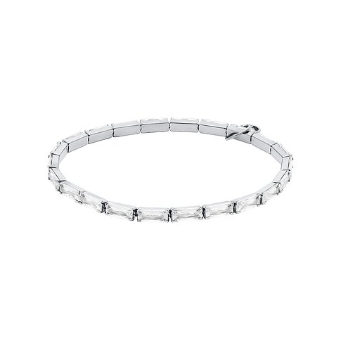 Michael Kors Armschmuck aus Metall mit vielen rechteckigen klaren Zirkonia Steinen, auf weißem Hintergrund dargestellt.