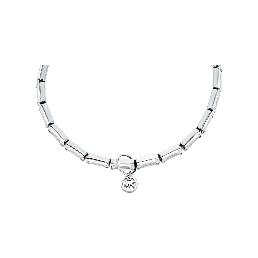 Michael Kors Armschmuck aus Metall mit rechteckigen Zirkonia-Steinen und einem runden Michael Kors Markenanhänger.