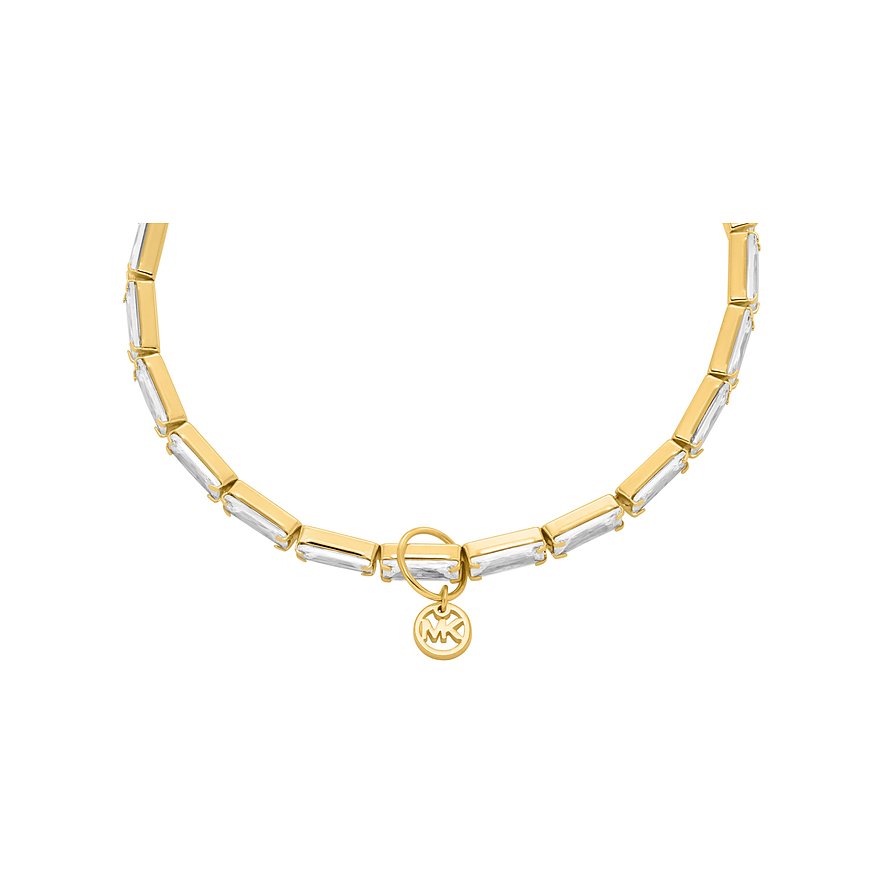 Michael Kors Armschmuck aus goldfarbenem Metall mit glänzenden Zirkonia-Steinen und Markenanhänger.