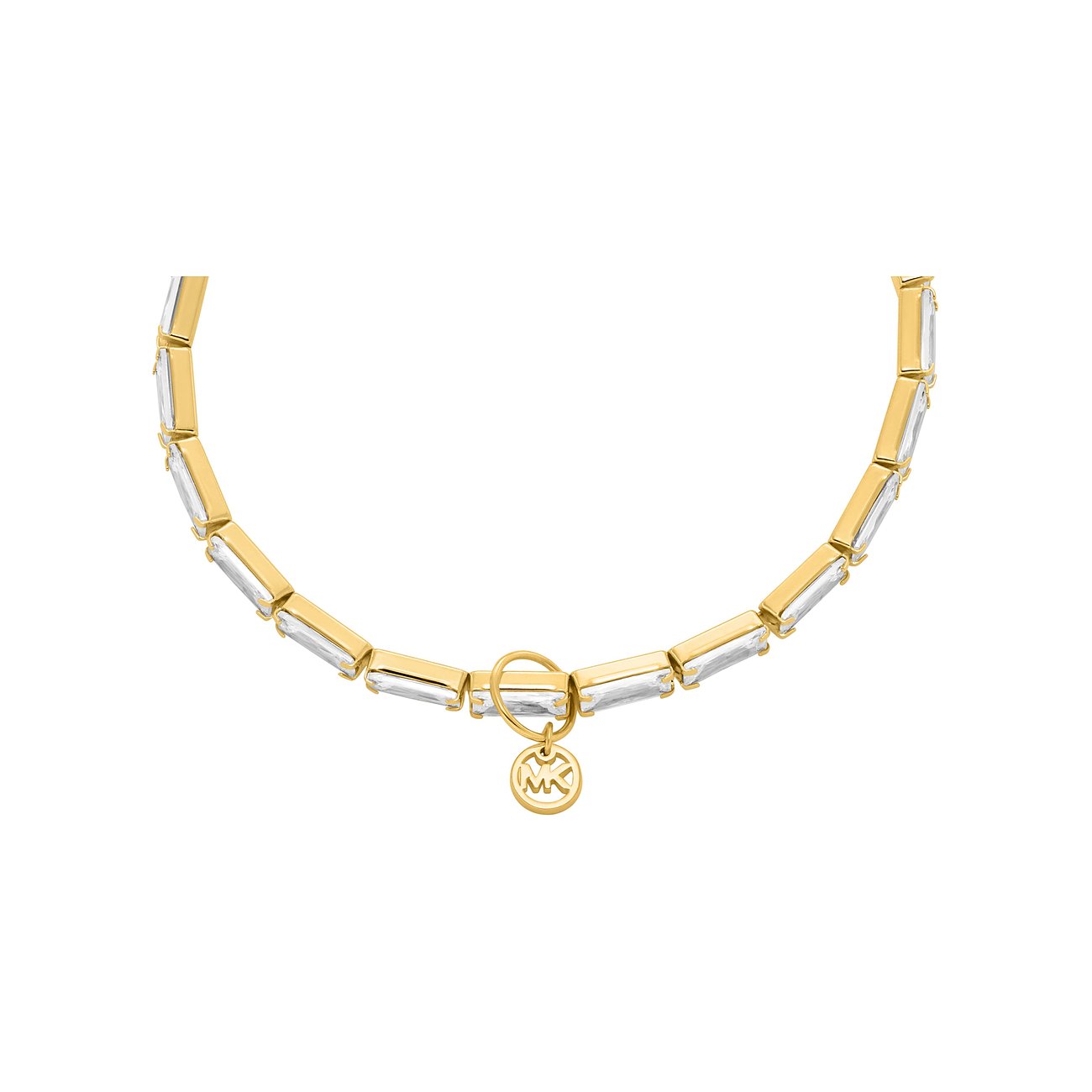 Michael Kors Armschmuck aus goldfarbenem Metall mit glänzenden Zirkonia-Steinen und Markenanhänger.