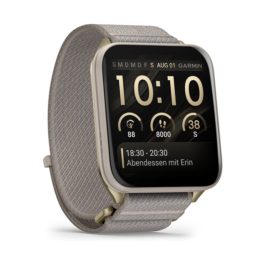 Garmin Smartwatch aus Kunststoff und Metall mit beigem Canvas-Armband auf weißem Hintergrund.