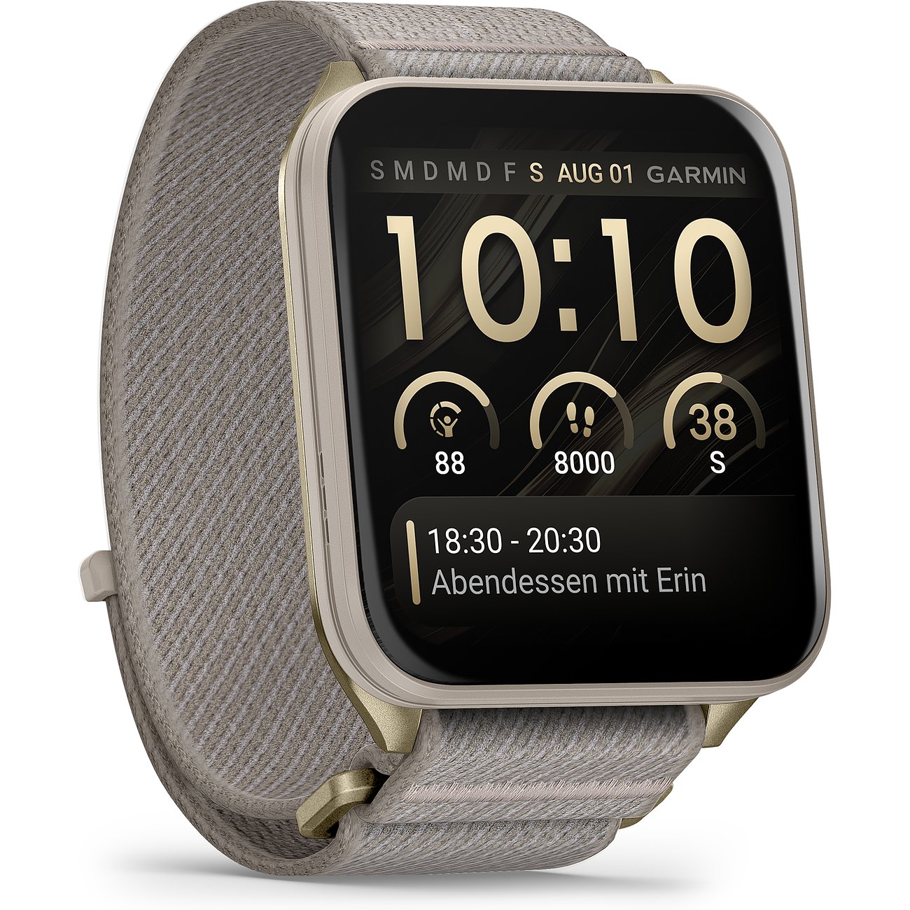 Garmin Smartwatch aus Kunststoff und Metall mit beigem Canvas-Armband auf weißem Hintergrund.