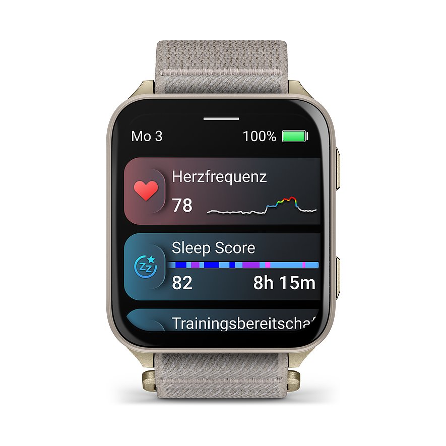 Die Garmin Smartwatch mit Kunststoff- und Metallgehäuse zeigt Herzfrequenz und Schlaf-Score auf dem Display.