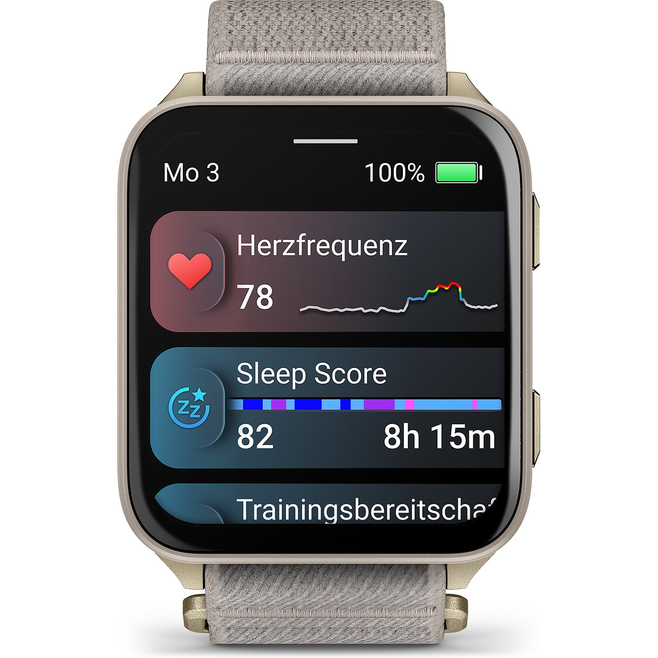 Die Garmin Smartwatch mit Kunststoff- und Metallgehäuse zeigt Herzfrequenz und Schlaf-Score auf dem Display.