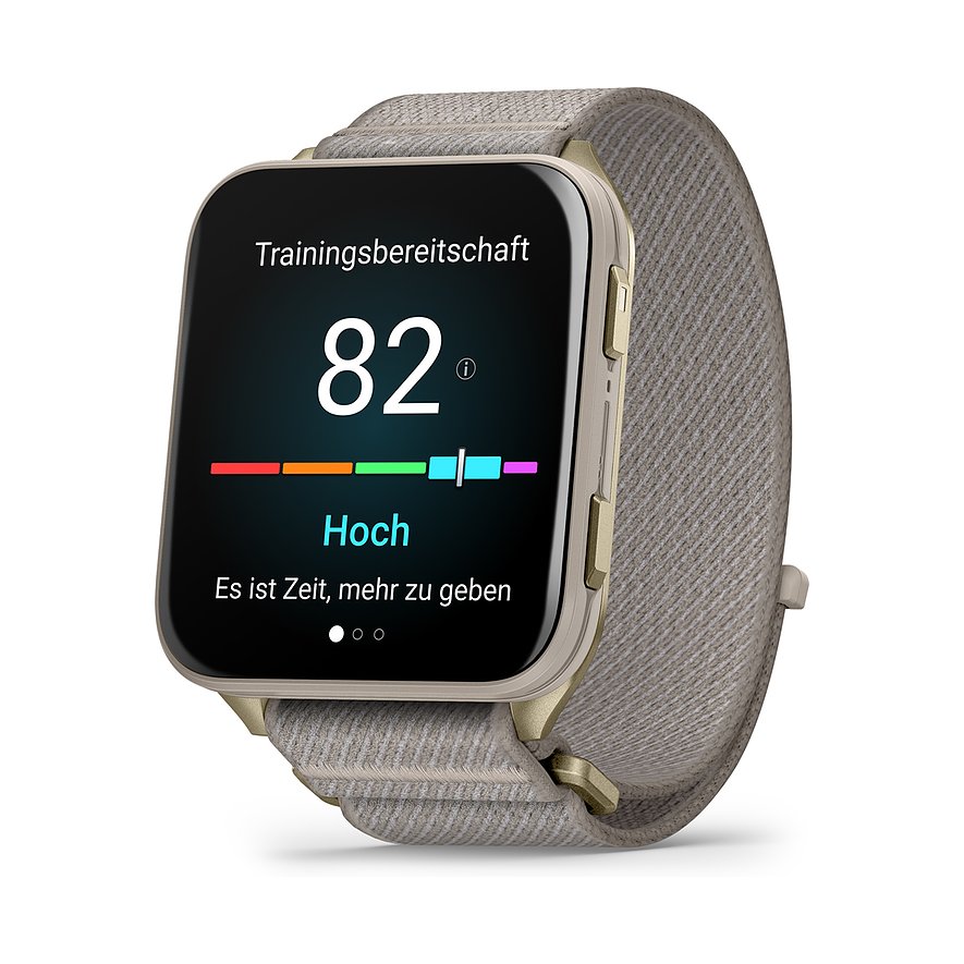 Garmin Smartwatch aus Metall und Kunststoff mit hellem Textilarmband, zeigt Trainingsbereitschaft 