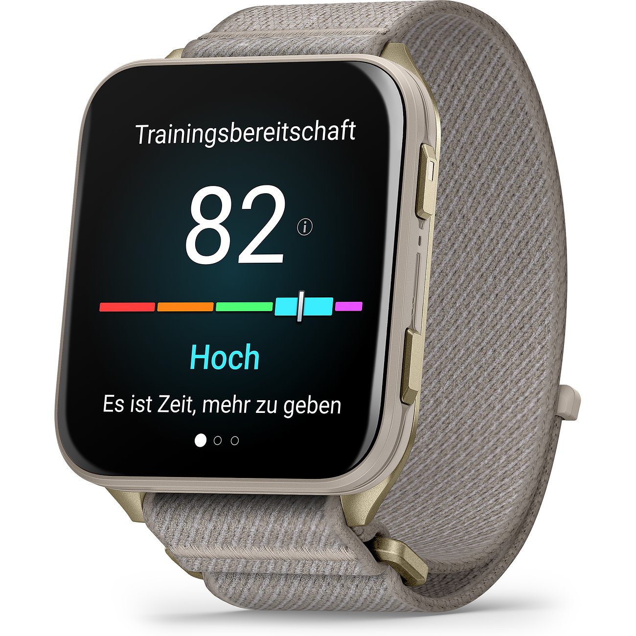 Garmin Smartwatch aus Metall und Kunststoff mit hellem Textilarmband, zeigt Trainingsbereitschaft 