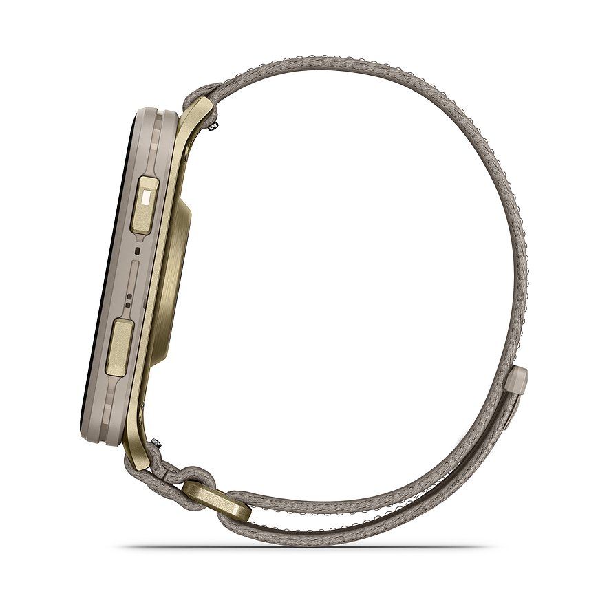Seitenansicht der Garmin Smartwatch mit goldenem Metallgehäuse und beigem Kunststoffarmband.