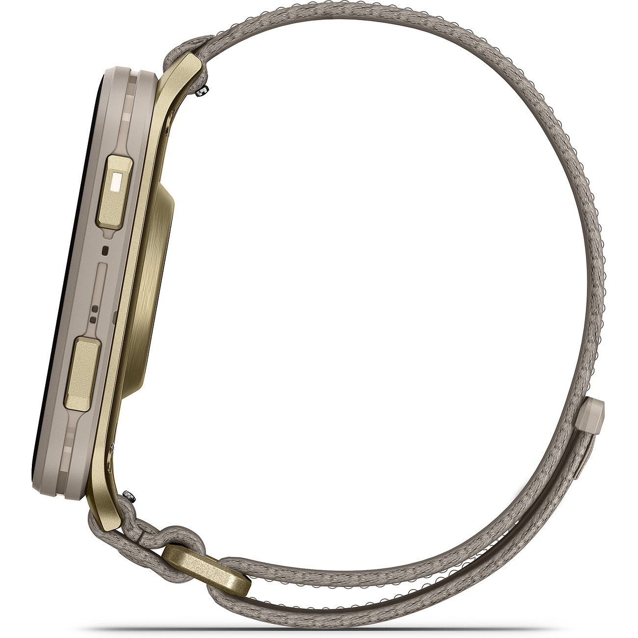 Seitenansicht der Garmin Smartwatch mit goldenem Metallgehäuse und beigem Kunststoffarmband.