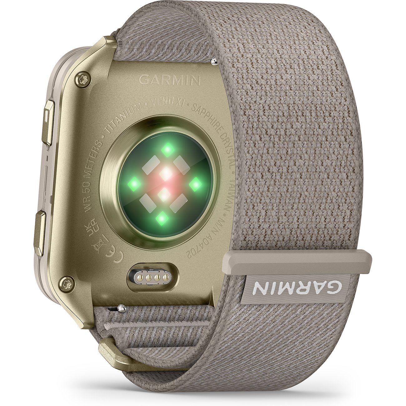 Rückansicht der Garmin Smartwatch aus Kunststoff und Metall mit beleuchteten Sensoren und beigem Armband.