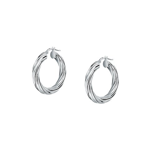 CHRIST Ohrschmuck aus recyceltem 925er Silber: Zwei glänzende, gedrehte Kreolen auf weißem Hintergrund.