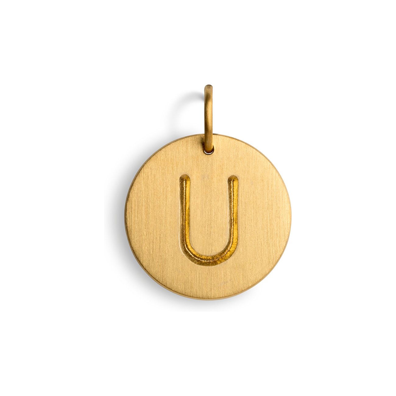 Jane Kønig Anhängerschmuck aus Silber: Ein runder, goldfarbener Anhänger zeigt ein geprägtes „U“ in der Mitte.