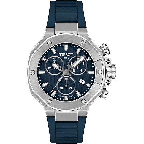 Tissot Herrenuhr aus Edelstahl: dunkelblaues Zifferblatt mit drei Chronographen-Zählern, blaues Kautschukarmband.