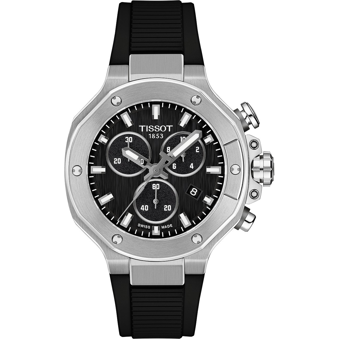 Tissot Herrenuhr aus Edelstahl mit schwarzem Zifferblatt und Chronographenfunktionen, Ansicht von oben.