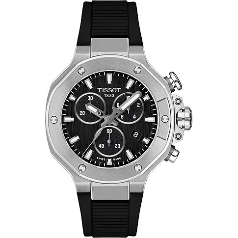 Tissot Herrenuhr aus Edelstahl mit schwarzem Zifferblatt und Chronographenfunktionen, Ansicht von oben.