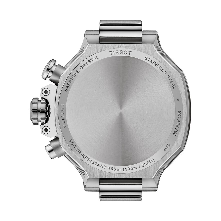 Die Rückseite einer Tissot Herrenuhr aus Edelstahl, mit Gravuren wie 