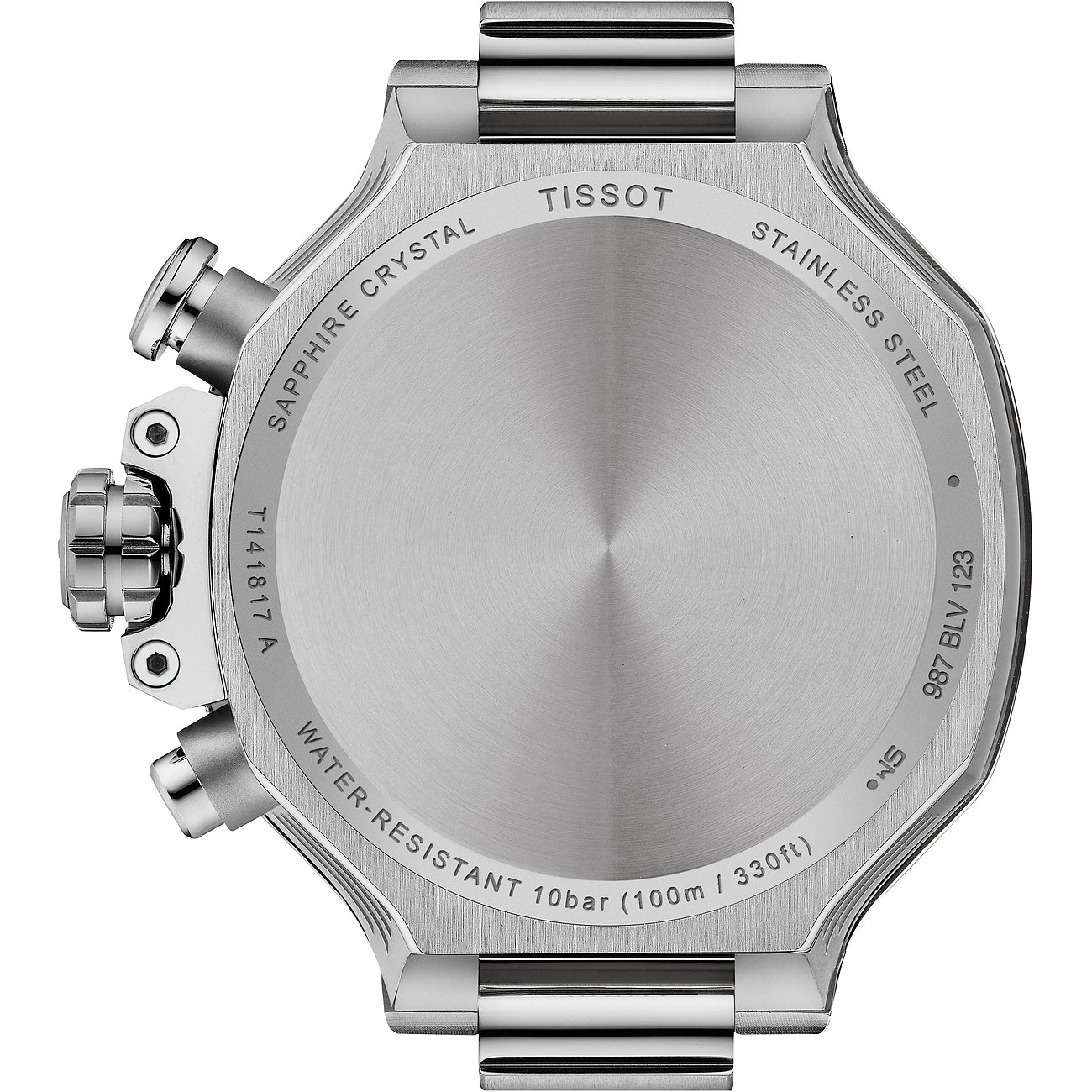 Die Rückseite einer Tissot Herrenuhr aus Edelstahl, mit Gravuren wie 