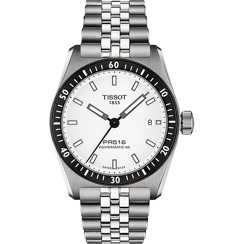 Tissot PR516 Powermatic 80 Herrenuhr aus Edelstahl mit weißem Zifferblatt und silbernem Band, frontal abgebildet.