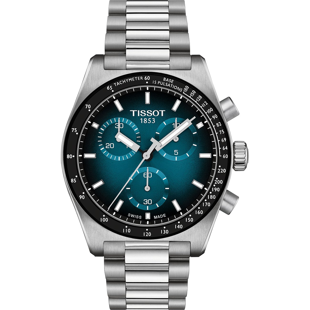 Tissot Herrenuhr aus Edelstahl mit blauschwarzem Zifferblatt und Chronographenfunktionen, frontal abgebildet.