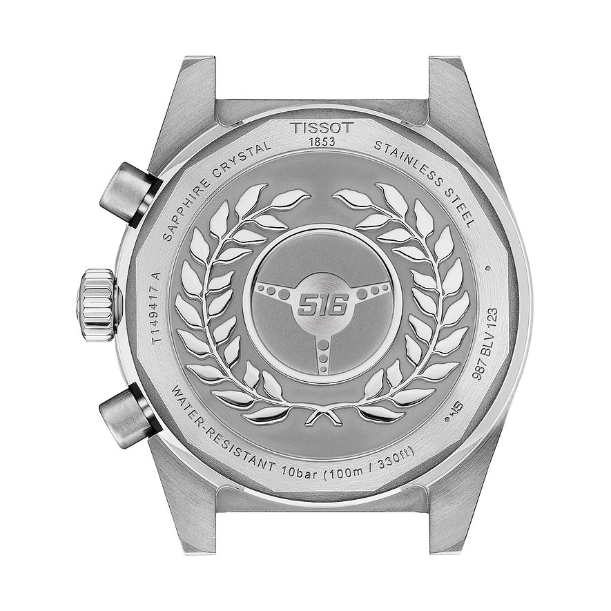 Rückseite einer Tissot Herrenuhr aus Edelstahl, detailreich graviert mit Markennamen und einem Kranzdesign.