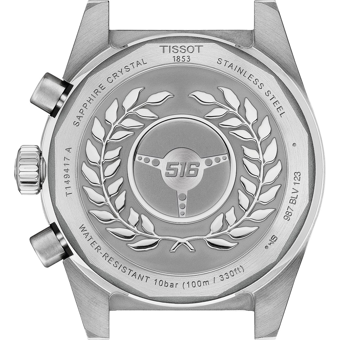 Rückseite einer Tissot Herrenuhr aus Edelstahl, detailreich graviert mit Markennamen und einem Kranzdesign.