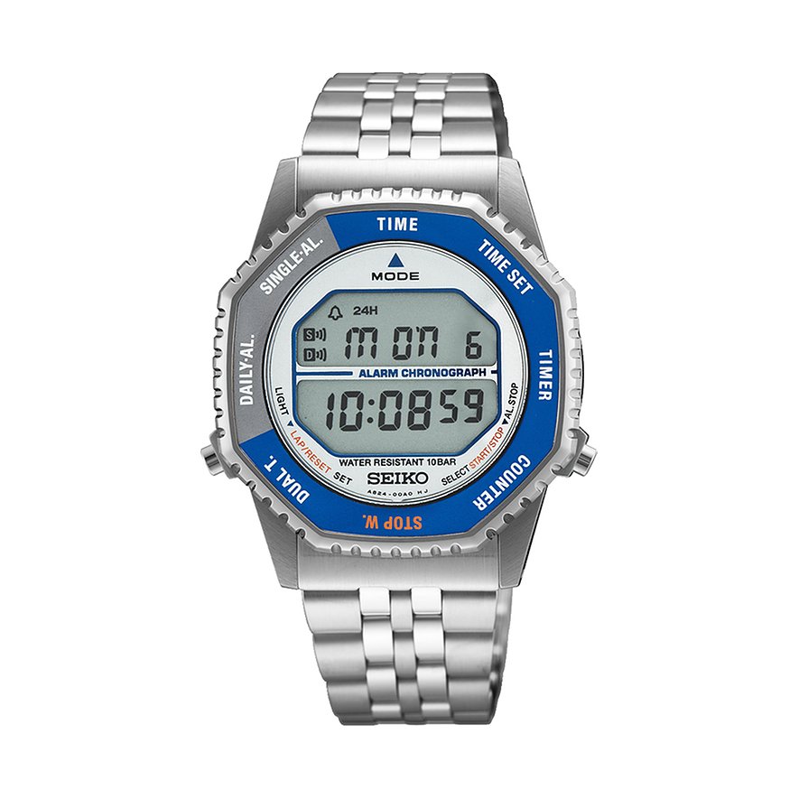 Seiko Herrenuhr aus Edelstahl in Silber und Blau, digitales Zifferblatt mit Zeit und Datum Anzeige.
