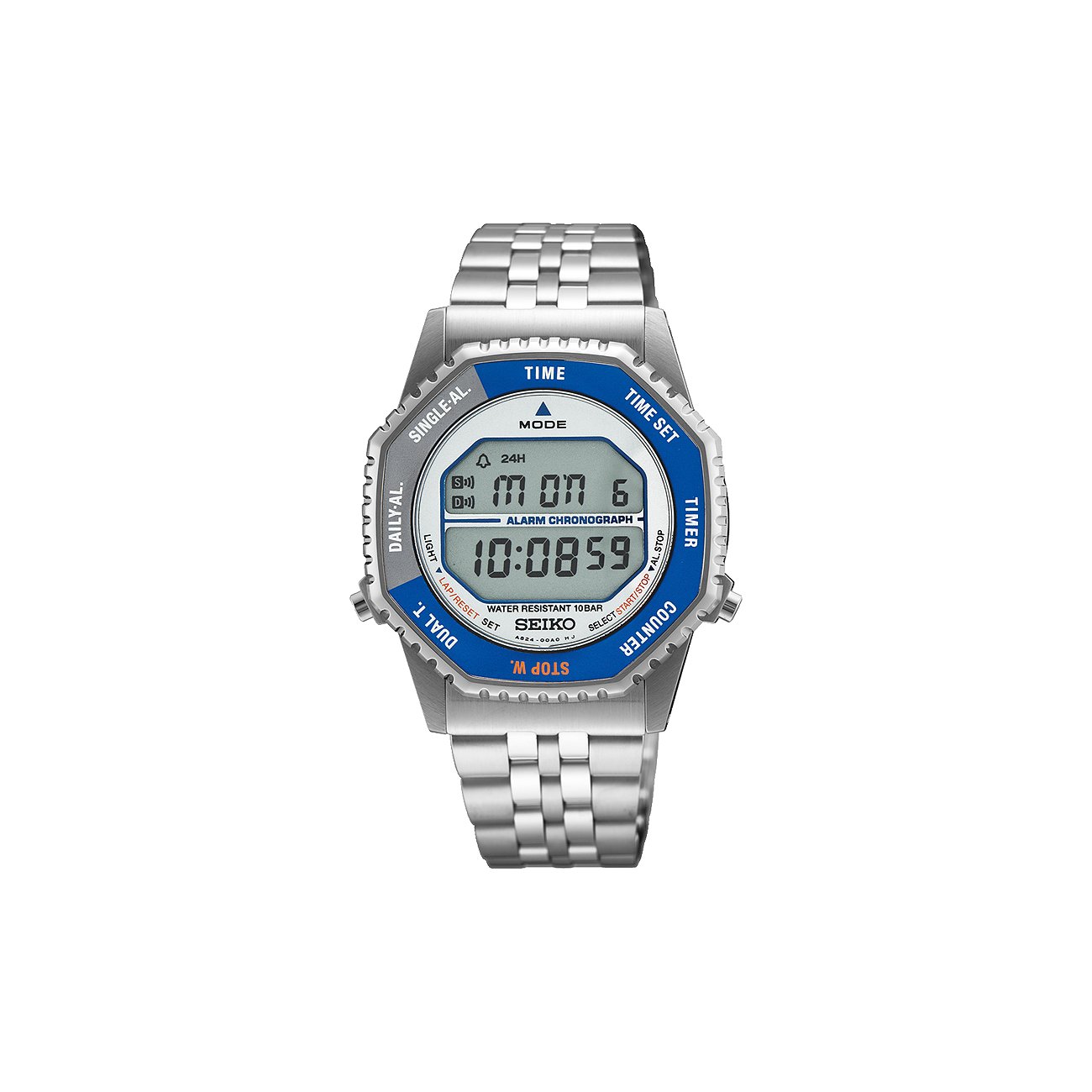 Seiko Herrenuhr aus Edelstahl in Silber und Blau, digitales Zifferblatt mit Zeit und Datum Anzeige.