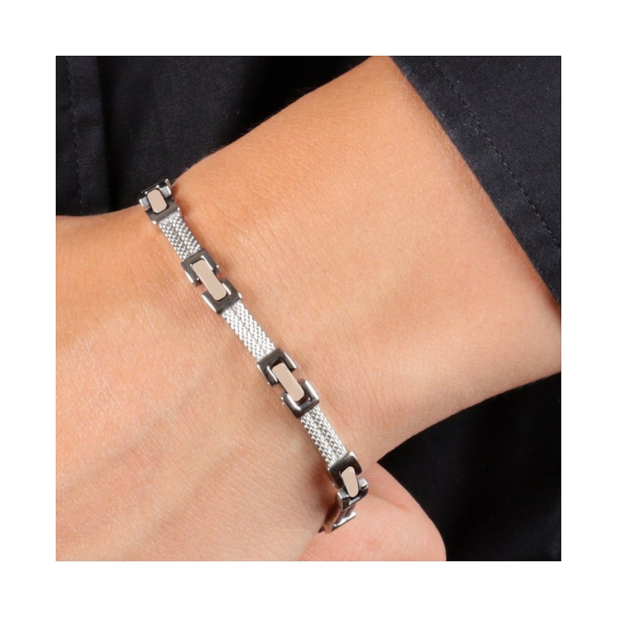Ein Morellato Charm Armband aus Edelstahl, das ein silbernes Gliederarmband mit rosefarbenen Akzenten zeigt.
