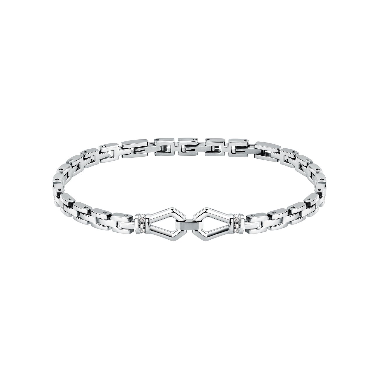 Morellato Armband aus Edelstahl mit ineinandergreifenden Gliedern und einem Kristall-besetzten Mittelstück.