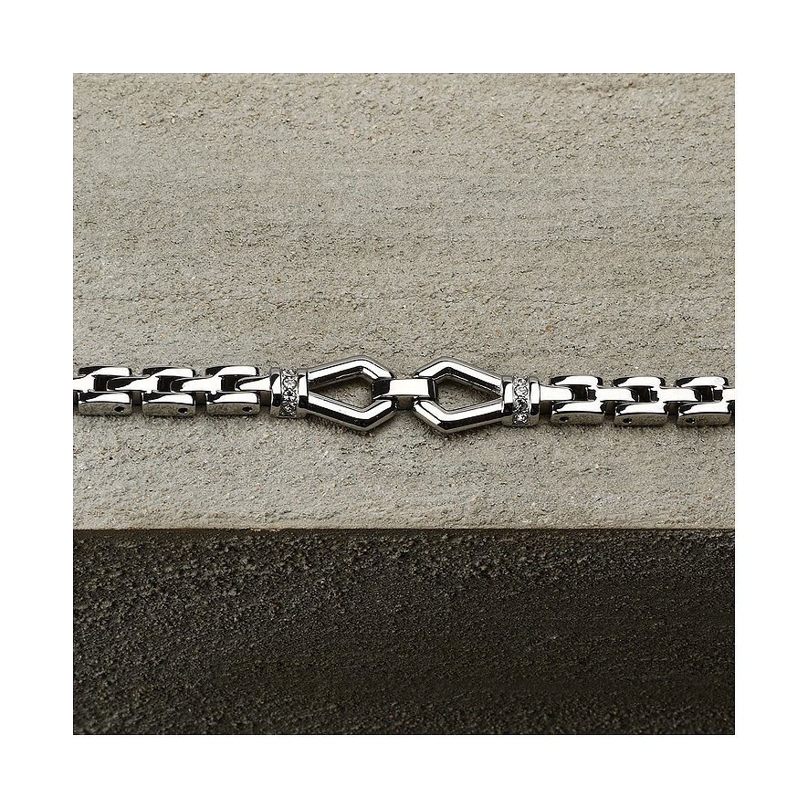 Morellato Edelstahl-Armband mit funkelnden Kristall-Farbsteinen und dekorativer Kette auf grauer Steinplatte.