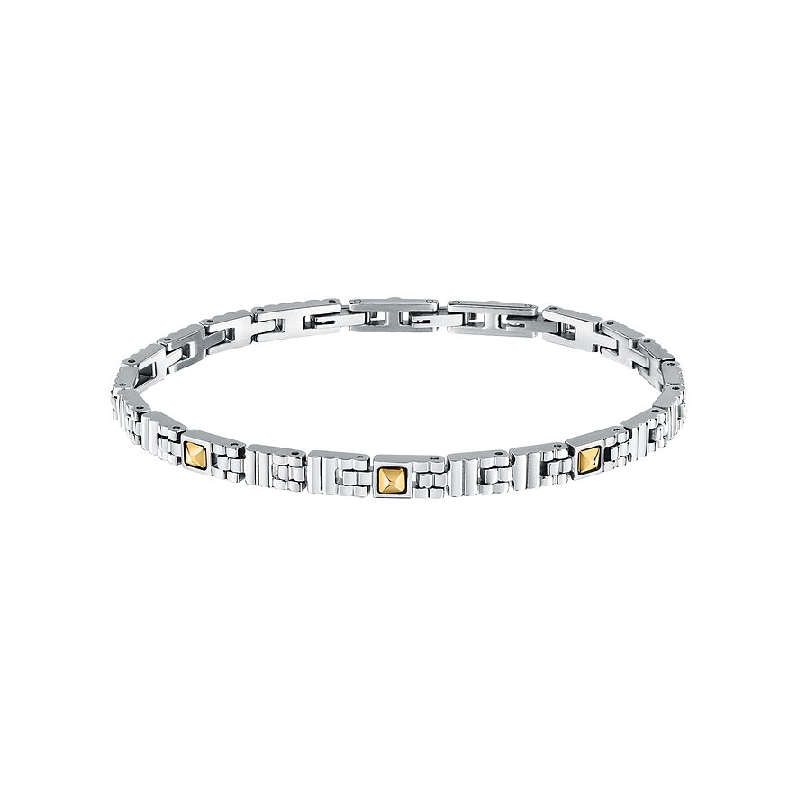Ein Morellato Armschmuck aus Edelstahl, bestehend aus Gliedern mit eingearbeiteten, quadratischen Gelbgold-Elementen.
