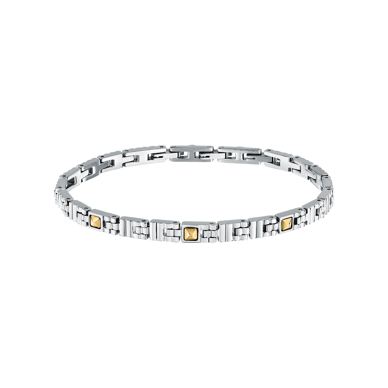 Ein Morellato Armschmuck aus Edelstahl, bestehend aus Gliedern mit eingearbeiteten, quadratischen Gelbgold-Elementen.