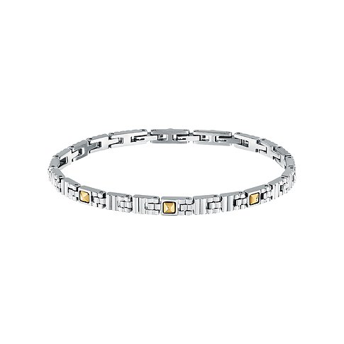 Ein Morellato Armschmuck aus Edelstahl, bestehend aus Gliedern mit eingearbeiteten, quadratischen Gelbgold-Elementen.