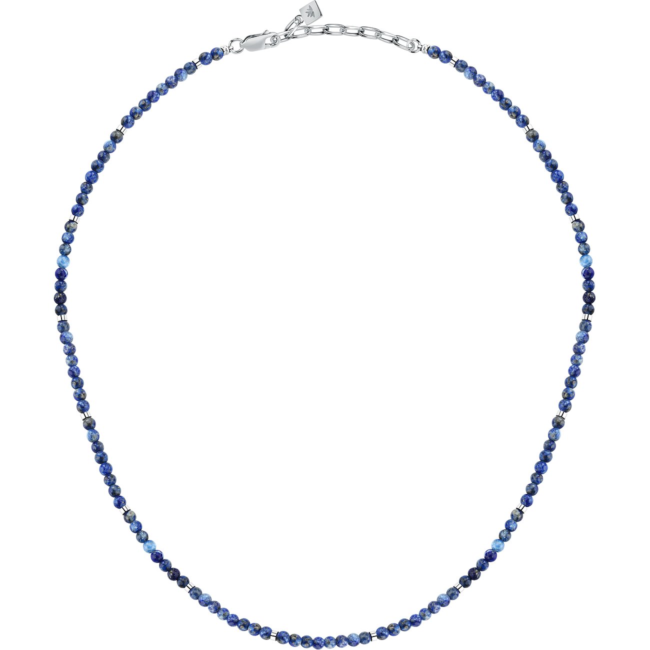 En Morellato halskæde i rustfrit stål med små, runde lapis lazuli-farvede sten.