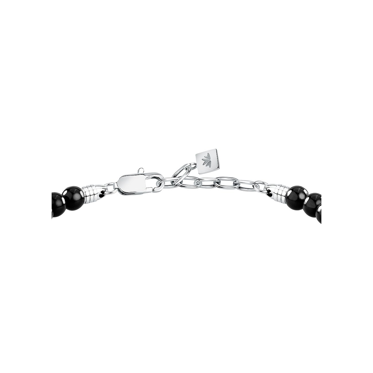 Närbild på låset av ett Morellato armband i rostfritt stål med svarta onyxfärgade pärlor.