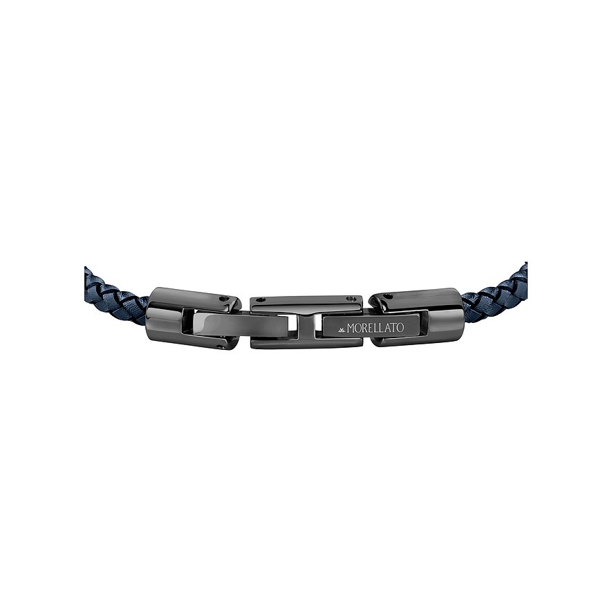 Detailaufnahme des Verschlusses eines Morellato Armbands aus schwarzem Edelstahl mit Lederband.