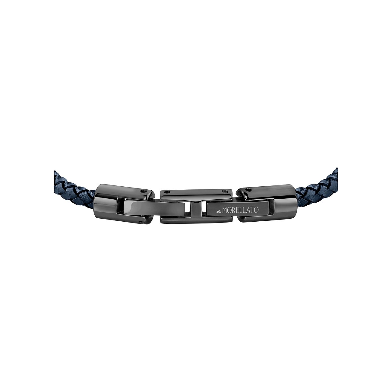 Detailaufnahme des Verschlusses eines Morellato Armbands aus schwarzem Edelstahl mit Lederband.