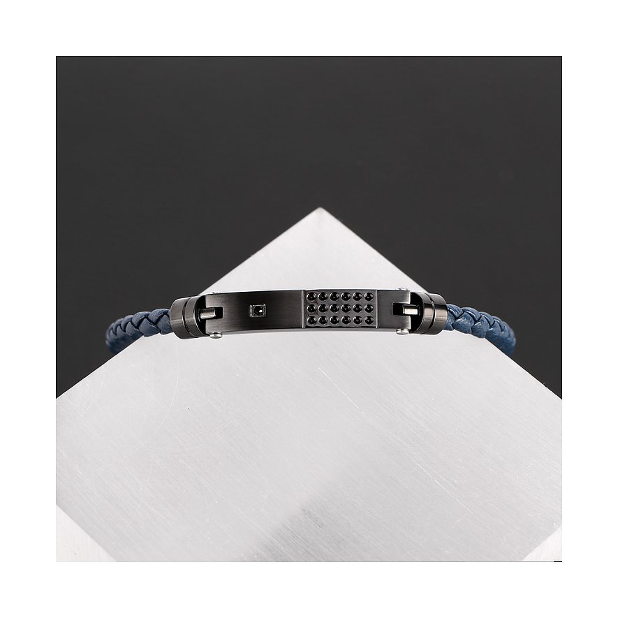 Ein Morellato Armschmuck aus Edelstahl und blauem Leder, verziert mit einem rechteckigen, dunklen Element mit Kristallen.