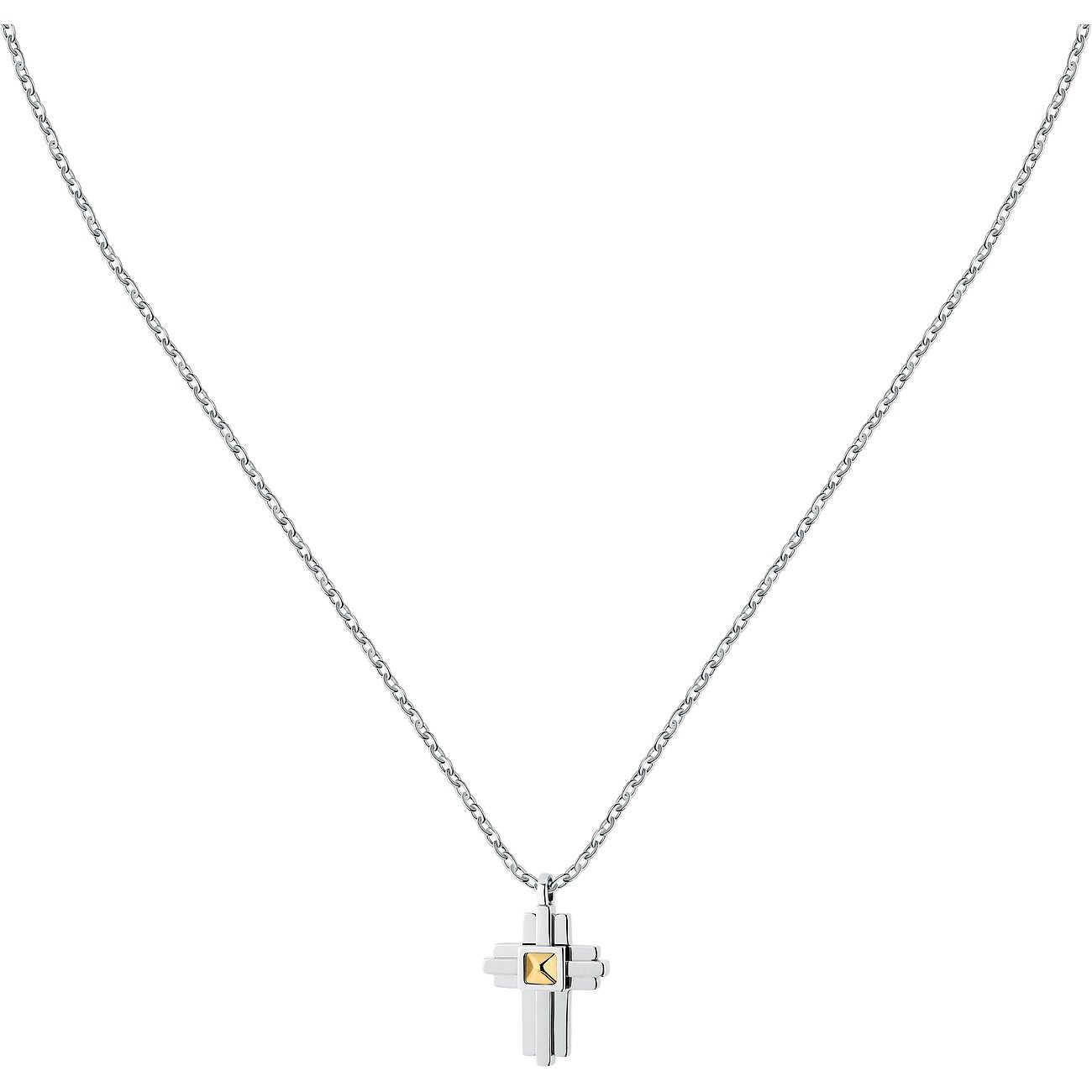 En Morellato halskæde i tofarvet rustfrit stål med et krydsvedhæng, der har gulddetaljer i midten.