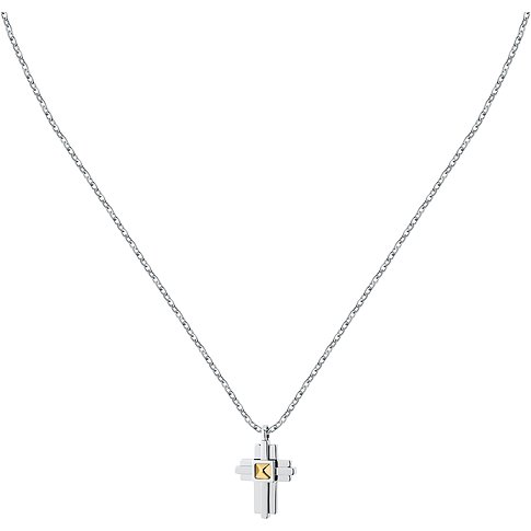 Ein Morellato Halskette aus zweifarbigem Edelstahl mit einem Kreuzanhänger, der goldene Details in der Mitte aufweist.