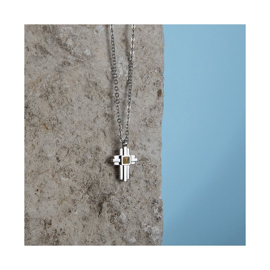 Morellato halskæde i rustfrit stål med et korsvedhæng, der har et lille, guldfarvet kvadrat i midten.