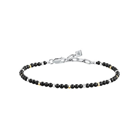 Morellato Armband aus Edelstahl mit kleinen schwarzen Onyx-Farbsteinperlen und goldenen Akzenten, im Ganzen von oben.