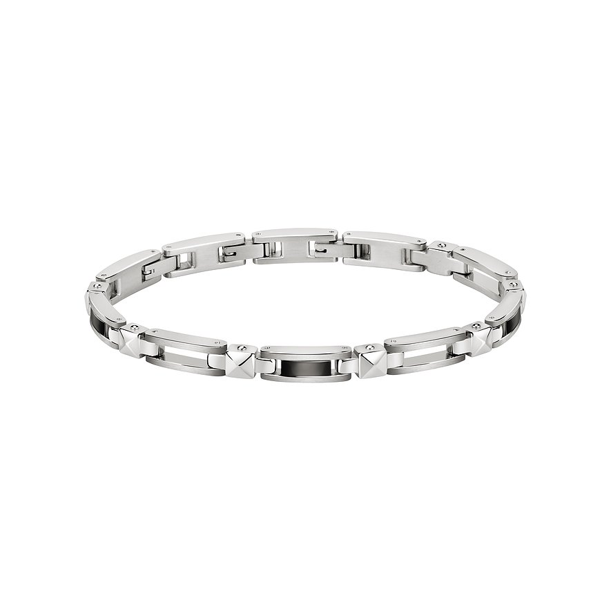 Morellato Edelstahl-Armschmuck: mattierte, silberfarbene Glieder mit Nietenoptik und zentralen schwarzen Akzenten.