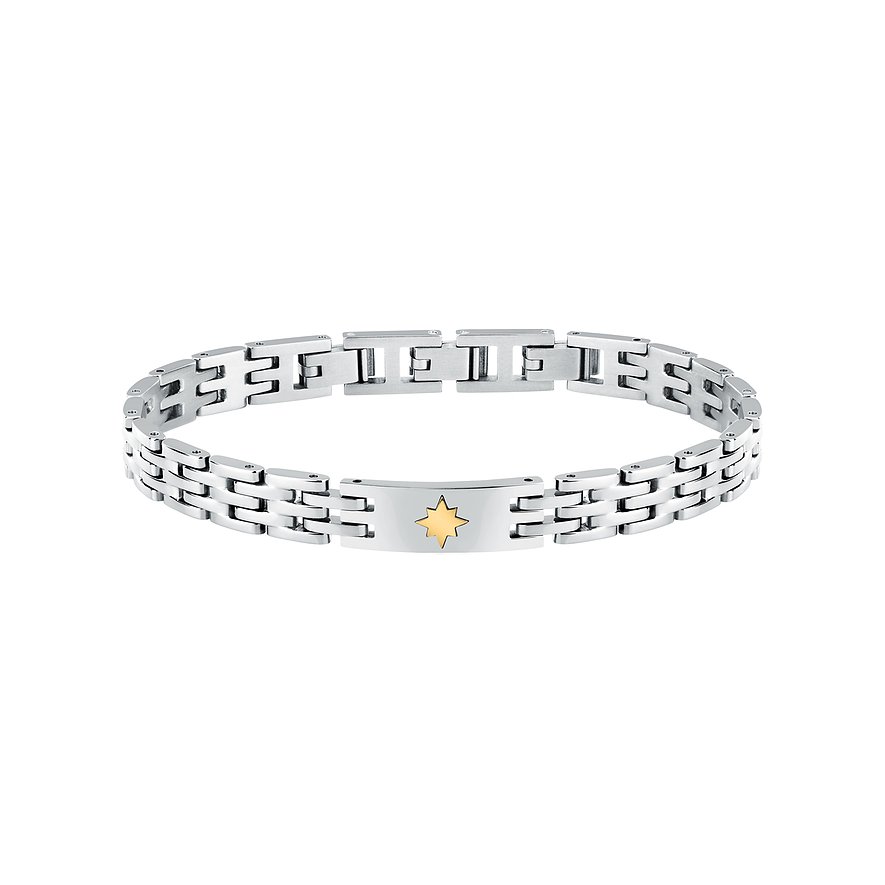 Et Morellato armbånd af skinnende rustfrit stål med en enkelt, centralt placeret stjerne i gult guld.