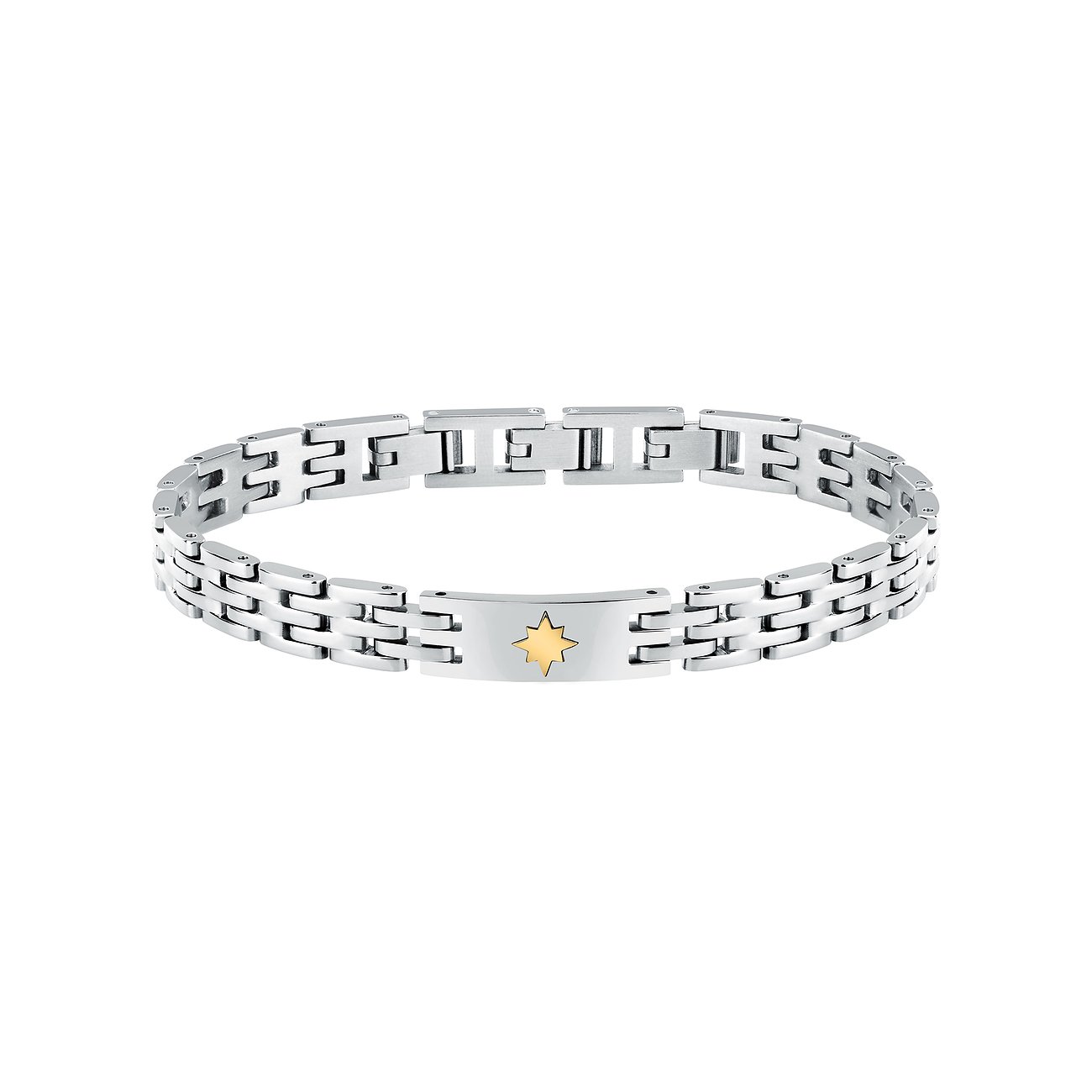 Et Morellato armbånd af skinnende rustfrit stål med en enkelt, centralt placeret stjerne i gult guld.