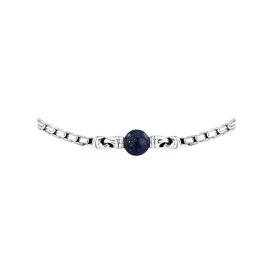Ein Morellato Armband aus Edelstahl mit einer zentralen Lapislazuli-Perle, aufgenommen auf weißem Hintergrund.