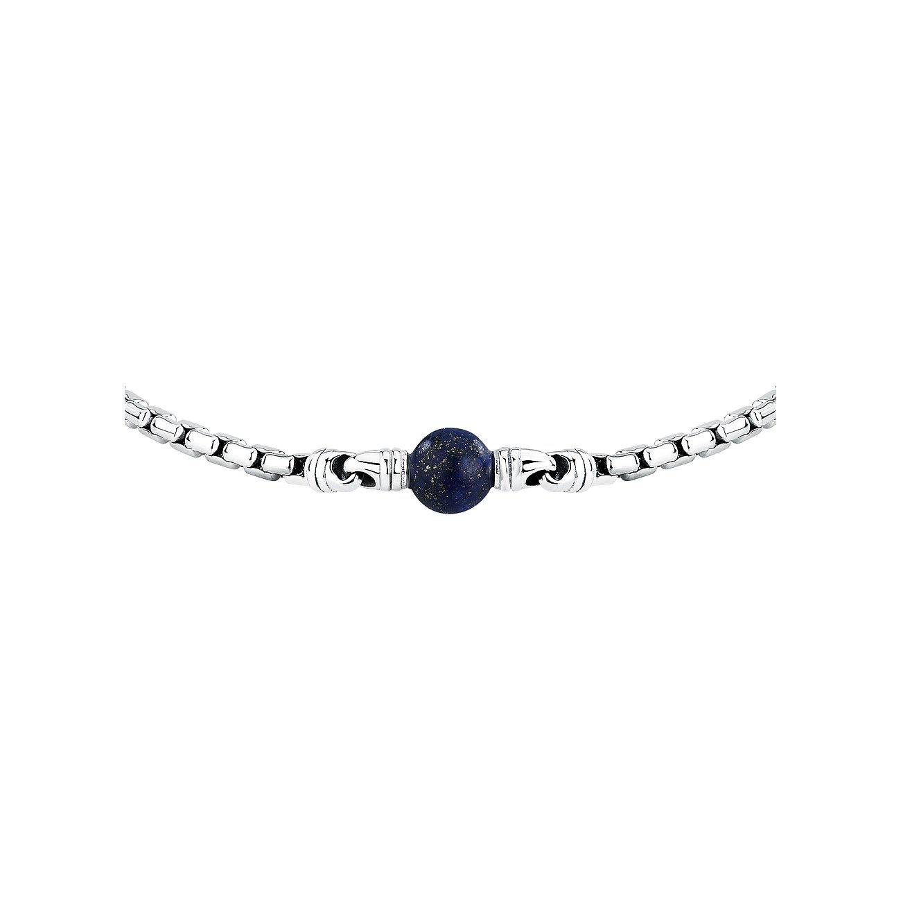 Ein Morellato Armband aus Edelstahl mit einer zentralen Lapislazuli-Perle, aufgenommen auf weißem Hintergrund.
