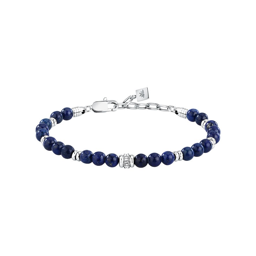 Morellato armband i rostfritt stål med mörkblå lapislazuli-kulor och ett glittrande dekorationselement.