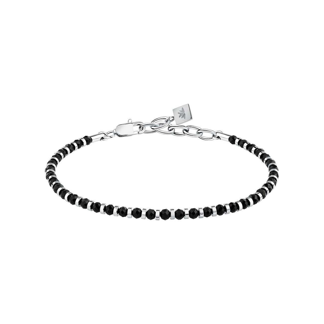 Morellato armband i rostfritt stål med fasetterade svarta agatfärgade stenar och små silverfärgade ringar.