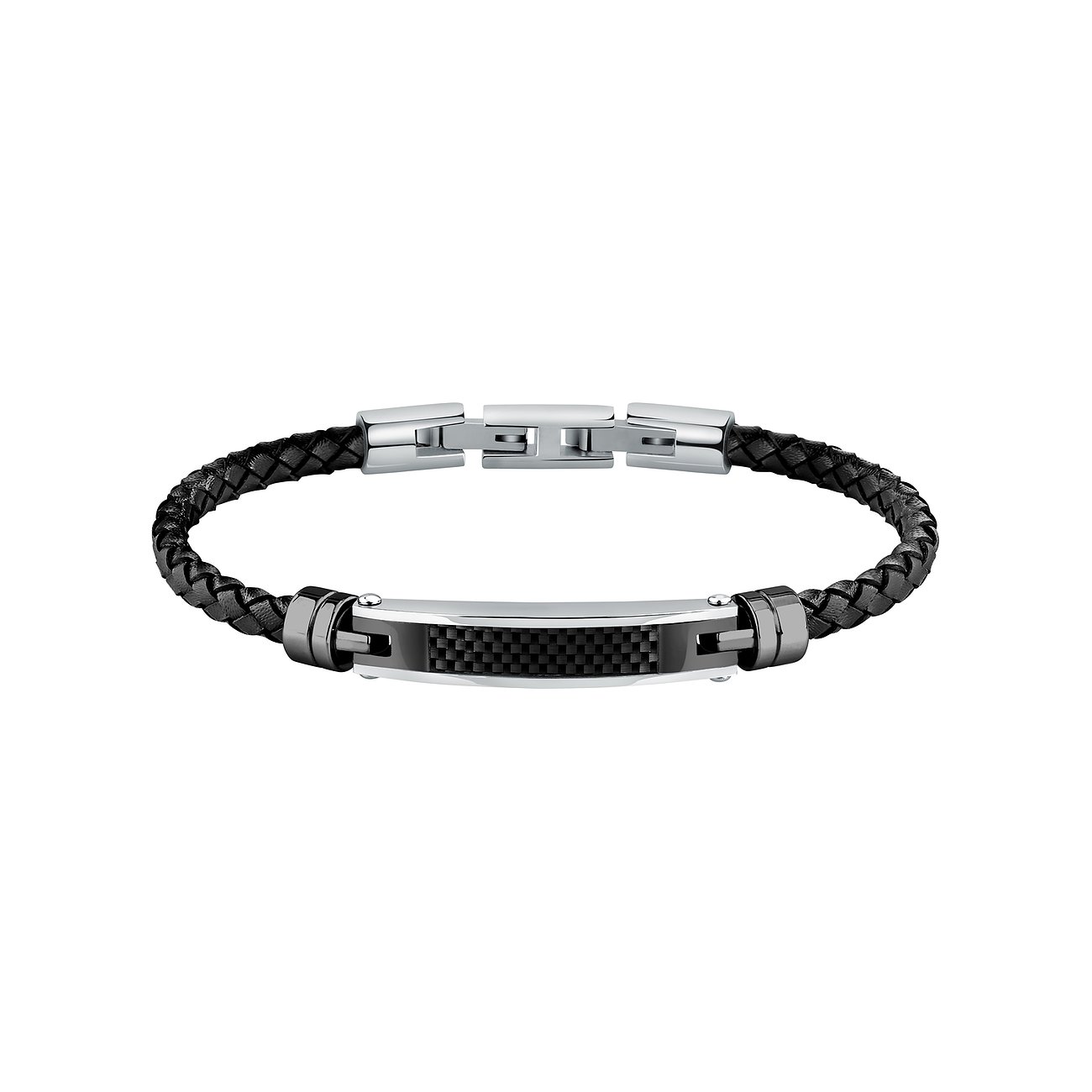 Morellato Armschmuck: schwarzes Lederarmband mit glänzender Edelstahlgliederung und dekorativem, schwarzem Inlay.